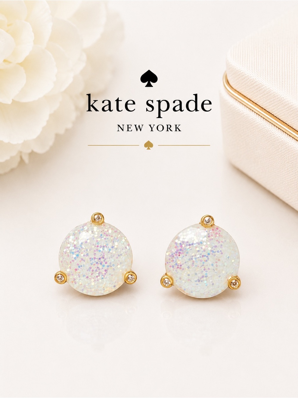 Kate Spade Rise & Shine Glitter Opal Gold Stud Earrings NWT